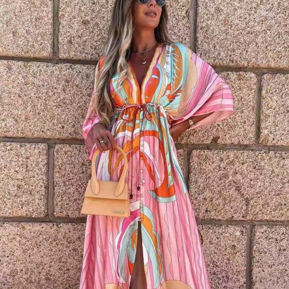 V-neck smocked split floor length dress mod pink